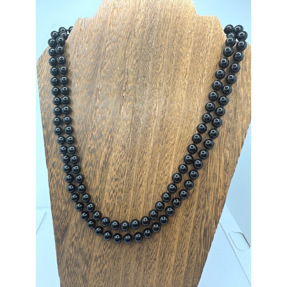Vintage Black Double Strand Beaded Necklace Gold Tone Cabochon Gothic Victorian